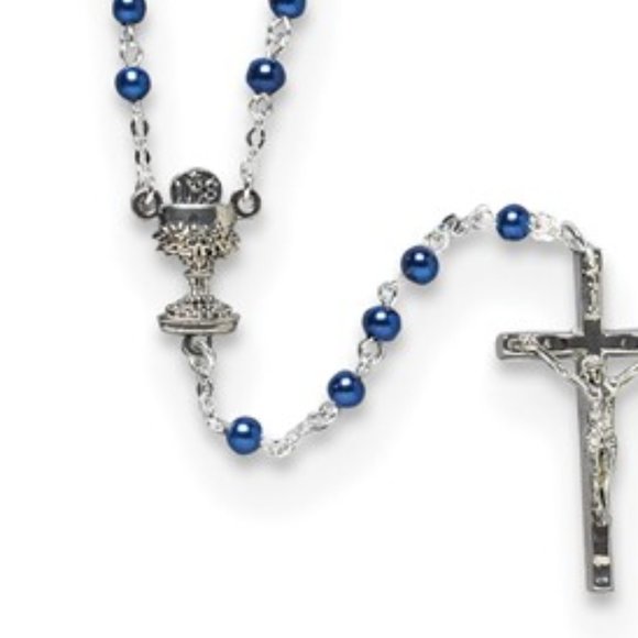 Silver-tone Blue Glass Bead Communion Boxed Rosary - Picture 3 of 3